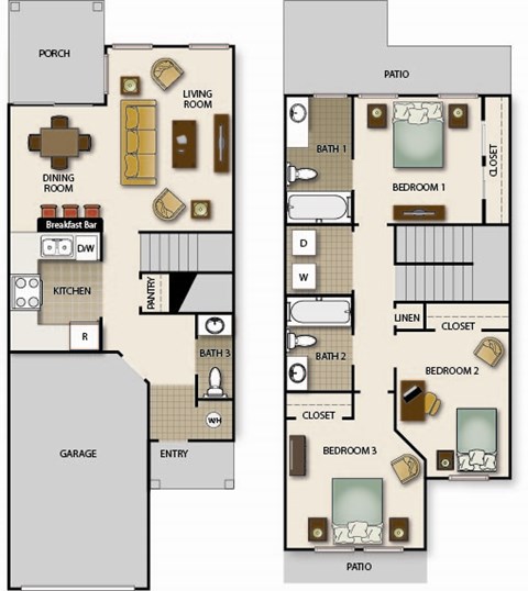 A floor plan of a house with a garage, living room, dining room, kitchen, and three bedrooms.